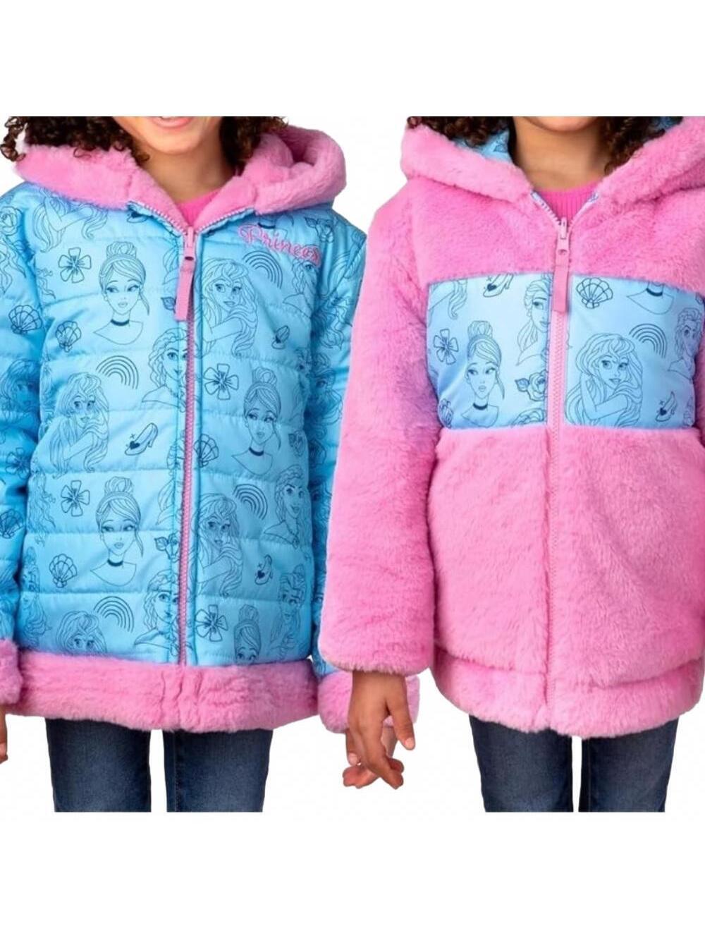 Disney Princess Faux Fur Reversible Hooded Jacket Coat Plush Pink Blue 4T NEW